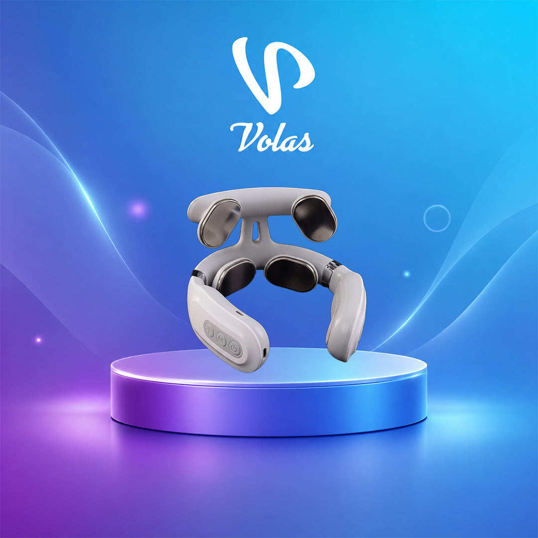 White U-shaped wearable neck device with padded contacts and side buttons
