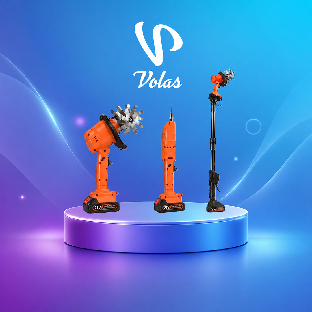 Three orange cordless garden tools including a tiller head and a long pole