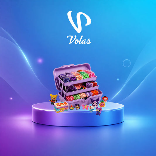Open purple bead case with colourful beads and sample figures