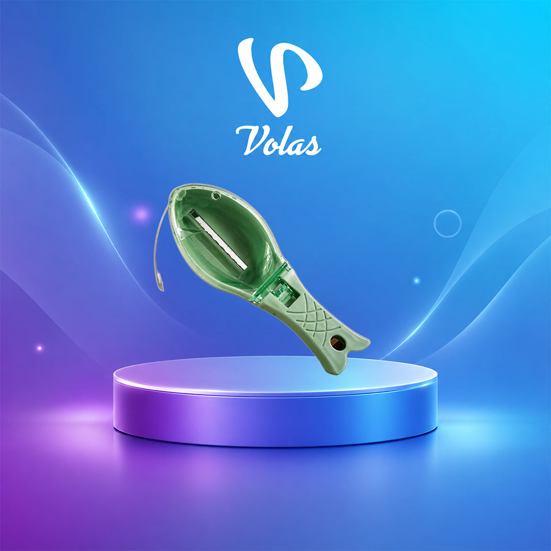 Green fish-shaped scraper with a metal blade in a slot on the body
