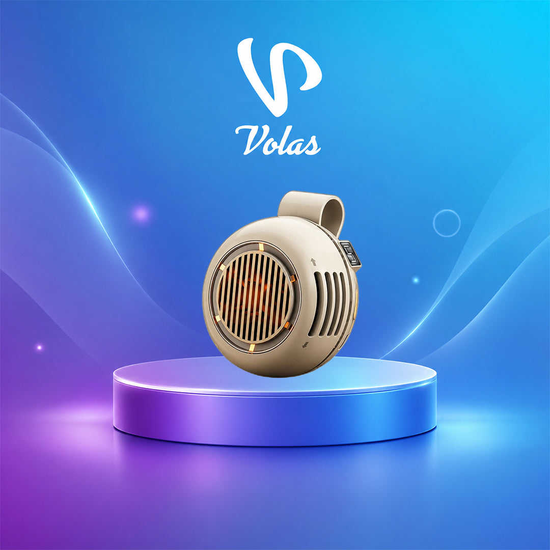 Compact round bladeless mini fan with a carry clip on a studio stand