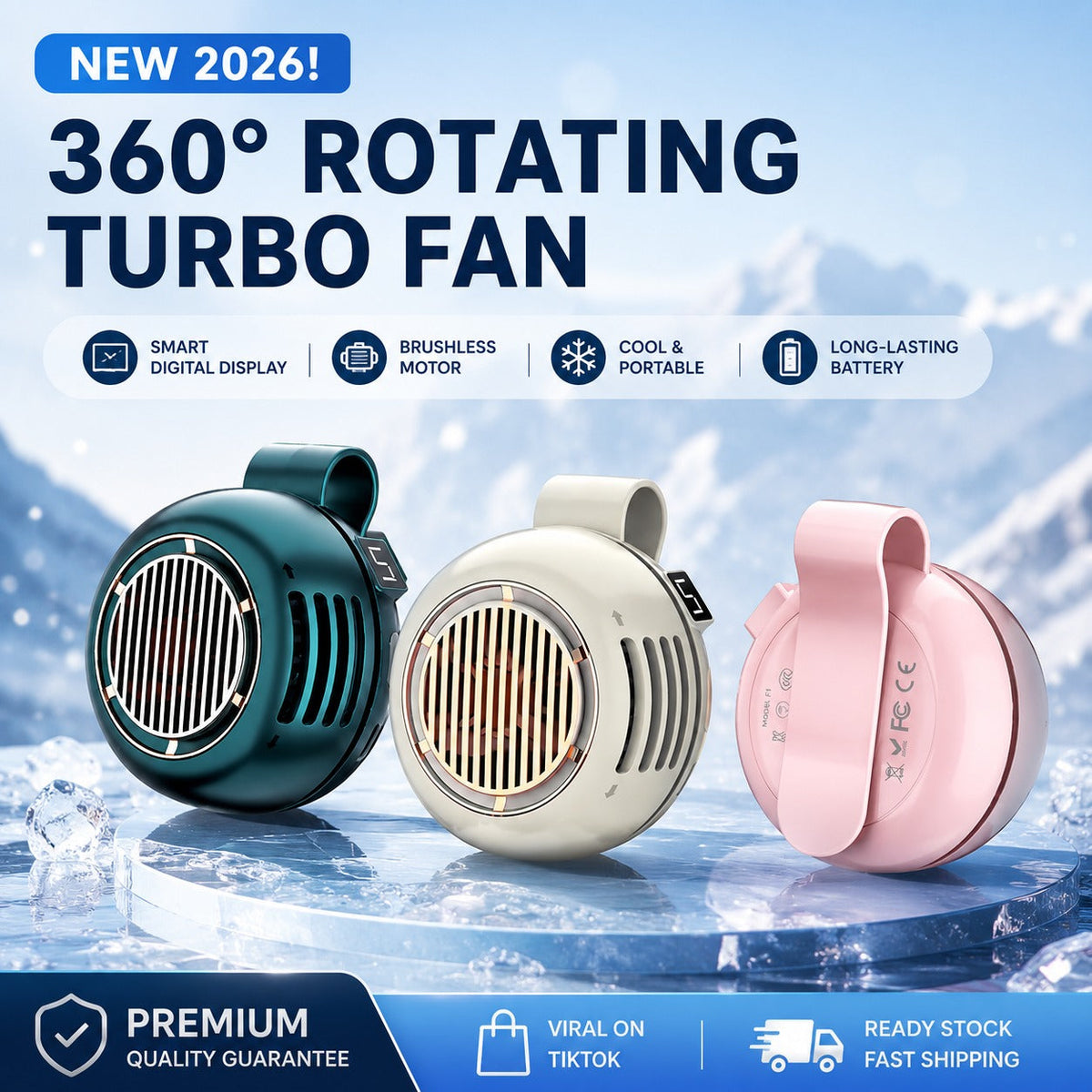 Three 360° rotating turbo fans in green, white, and pink on a blue background with promotional text.