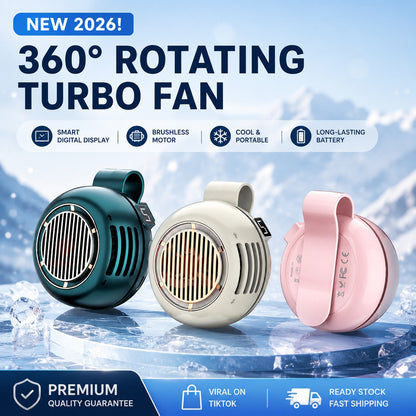 Three 360° rotating turbo fans in green, white, and pink on a blue background with promotional text.