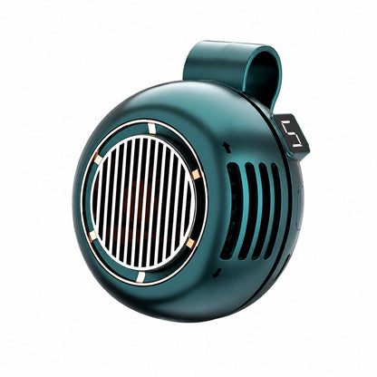 Teal portable speaker with a grill design on a white background