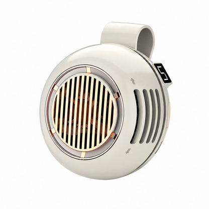 Round white air purifier with metallic grille on a white background